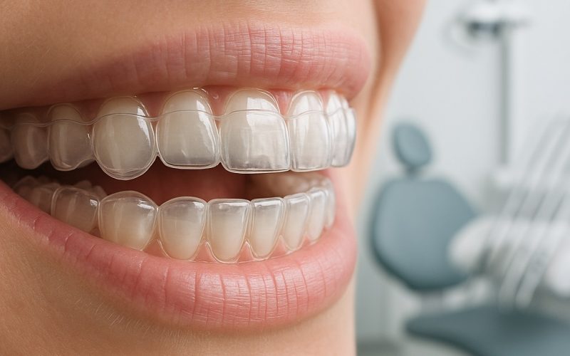 Clear aligner braces transparent orthodontic treatment for teeth straightening at dental clinic